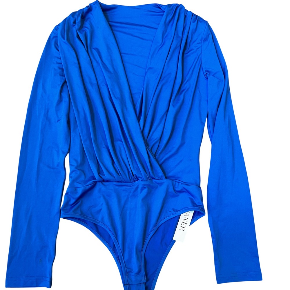 Lyaner Bodysuit, Long Sleeve, Wrap Front, Ruched, Blue, Womens